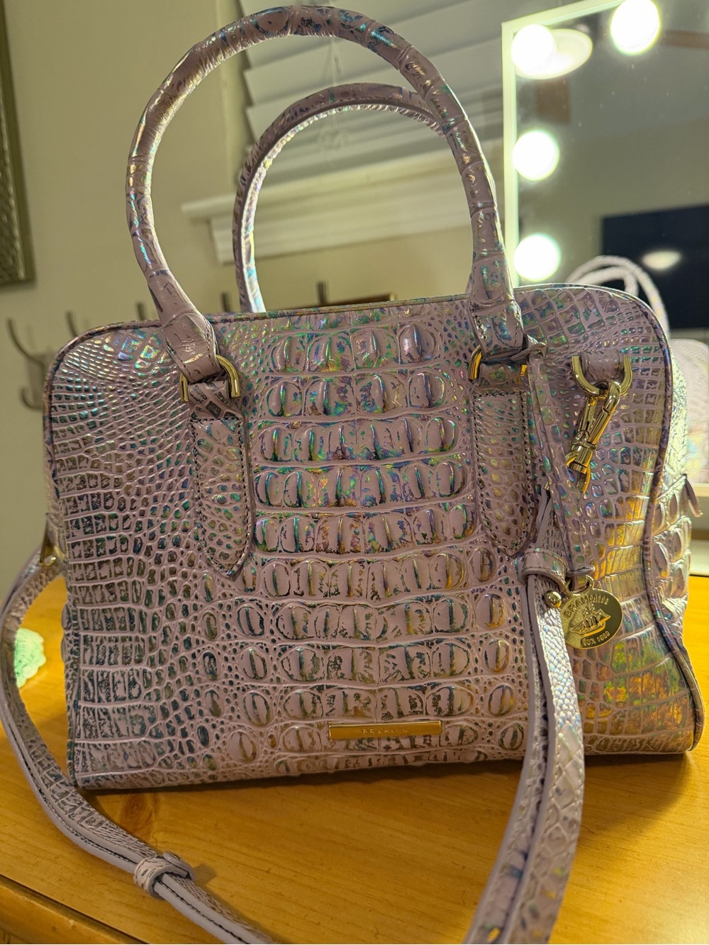 BRAHMIN MARISSA. IRIDESCENT LILAC Croc-Embossed Leather Satchel W/Gold Hardware
